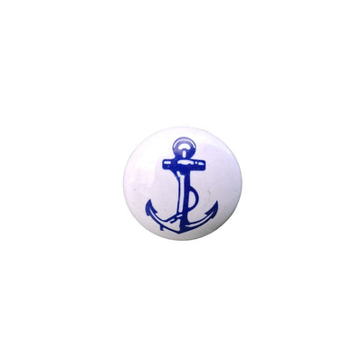 White ball with blue anchor design on a white background