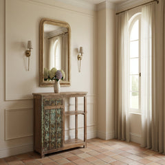 Wooden console table with decorative elements in a hall