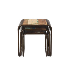 Set of three nested wooden tables with a rustic finish on a white background