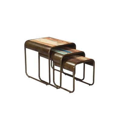 Set of three nesting tables with a rustic design on a white background