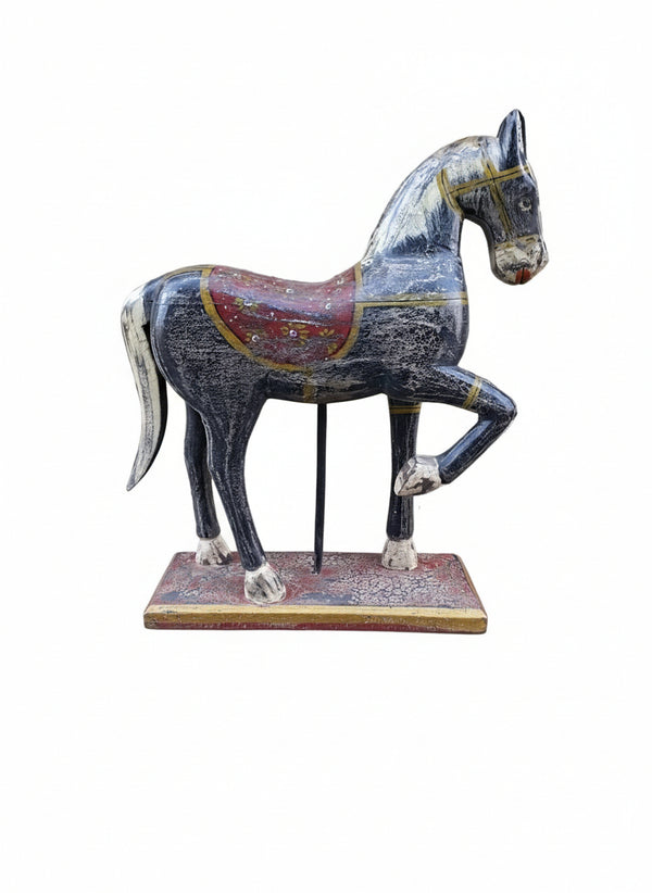 black horse handpainted on a red base in a white background