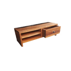 small shelf with 2 open compartments and one drawer made of natural reclaimed wood showing drawer open