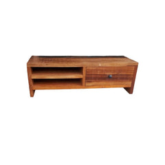 small shelf with 2 open compartments and one drawer made of natural reclaimed wood front view