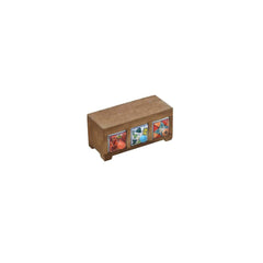 small wood box with 3 ceramic drawers handpainted in bright colour on a white background