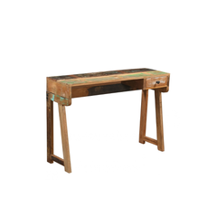 A rustic reclaimed wood console table with a single drawer, shown on a plain white background.