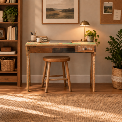 A rustic rectangular console table made from reclaimed wood, featuring a distressed multicolor top, a single drawer with a small round knob, and four tapered legs, shown against a plain white background.