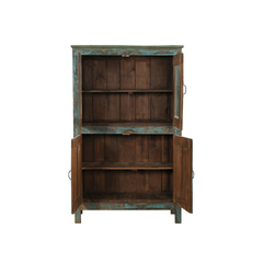 A rustic two-tier wooden cabinet with distressed teal-green paint and open doors, shown against a plain white background.
