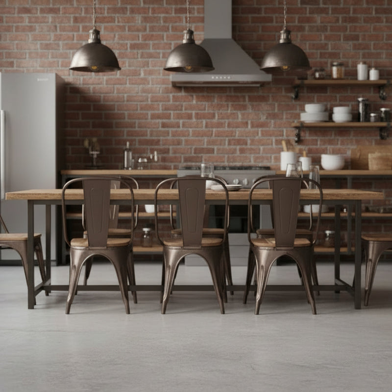 Chair with wooden seat and metal frame in an industrial style kitchen