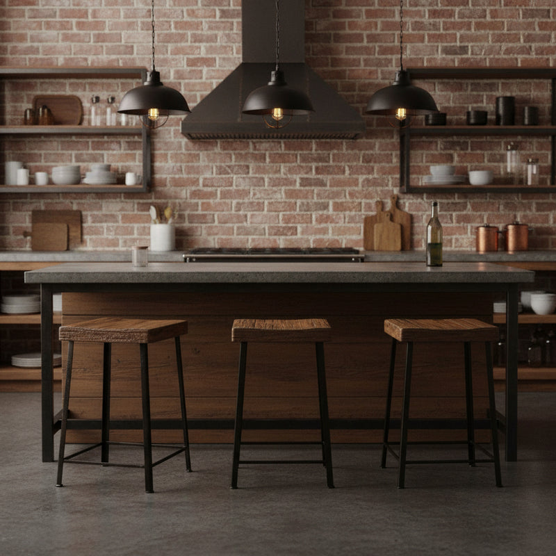 Wooden stools with metal legs in an industrial style kitchen in front of a kitchen islands