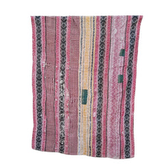 kantha throw made of recycled fabric in pink and black stripes