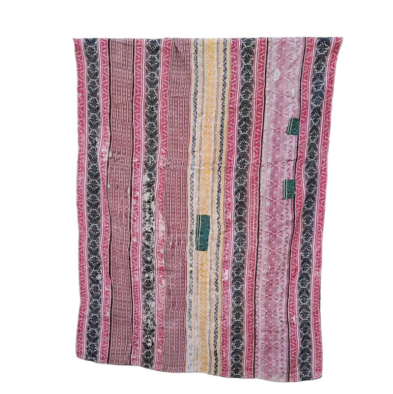 kantha throw made of recycled fabric in pink and black stripes
