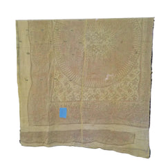 A large vintage yellow patterned textile, likely a quilt or tapestry, displayed on a white background