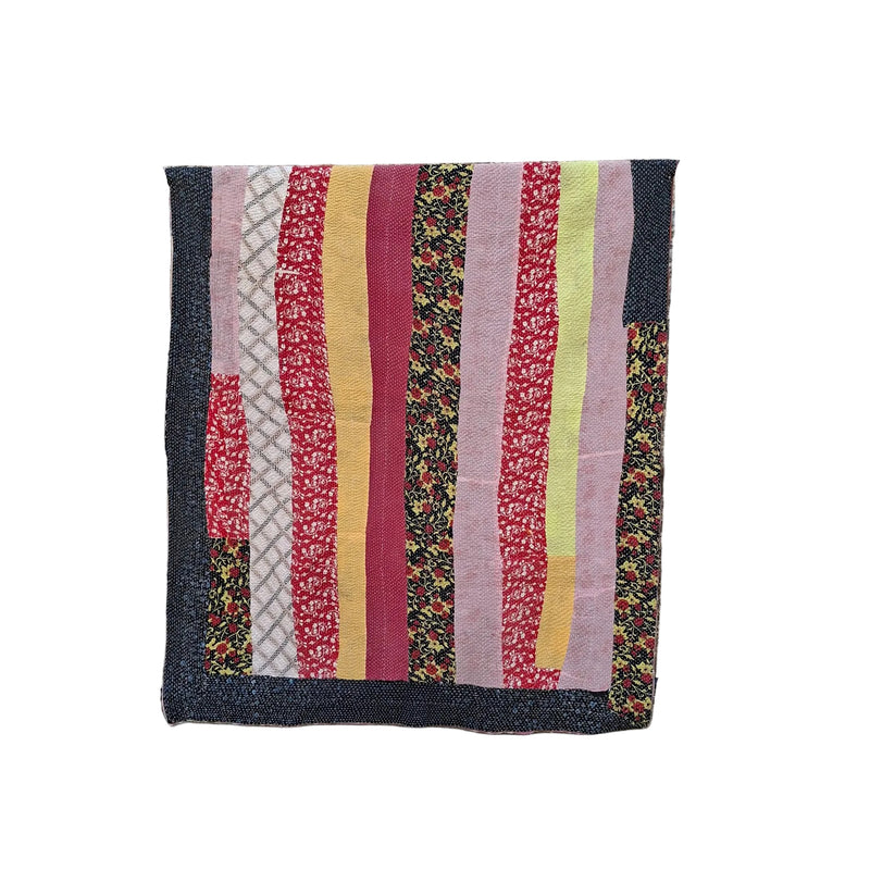 kantha throw made of recycled fabrics with red, yellow, purple and black floral stripes