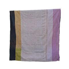 kantha throw made of recycled fabrics in tones of pink with a yellow stripe and a black stripe.