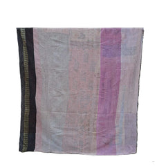 A large rectangular textile with vertical stripes in dusty pink, mauve, beige, and dark brown, draped over a black metal stand against a white background