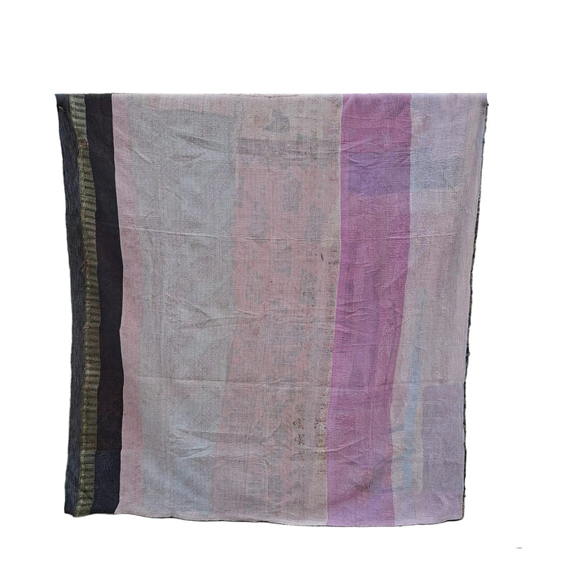 A large rectangular textile with vertical stripes in dusty pink, mauve, beige, and dark brown, draped over a black metal stand against a white background