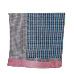 kantha throw made of recycled fabric with check designs in blue and grey with a pink trim