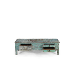 Vintage-style wooden console table with a distressed finish, 3 drawers open on a white background