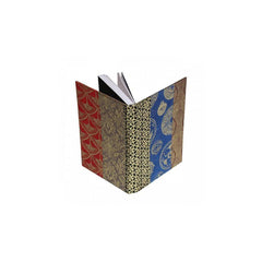 notebook with a red, blue and gold printed cover on a white background