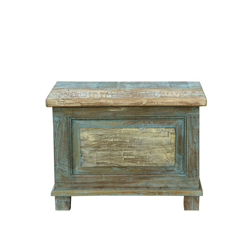 Wooden chest with a distressed finish on a white background