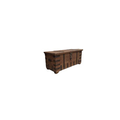 A rustic wooden chest bench with a weathered brown finish and metal latch, positioned on a white background