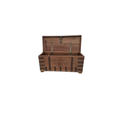 A rustic wooden chest with an open lid, featuring dark brown decorative inlays and antique-style metal hardware, set against a white background