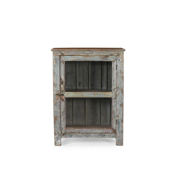 Rustic wooden & glass cabinet with weathered finish on a white background