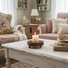 wood candle holder on a coffee table
