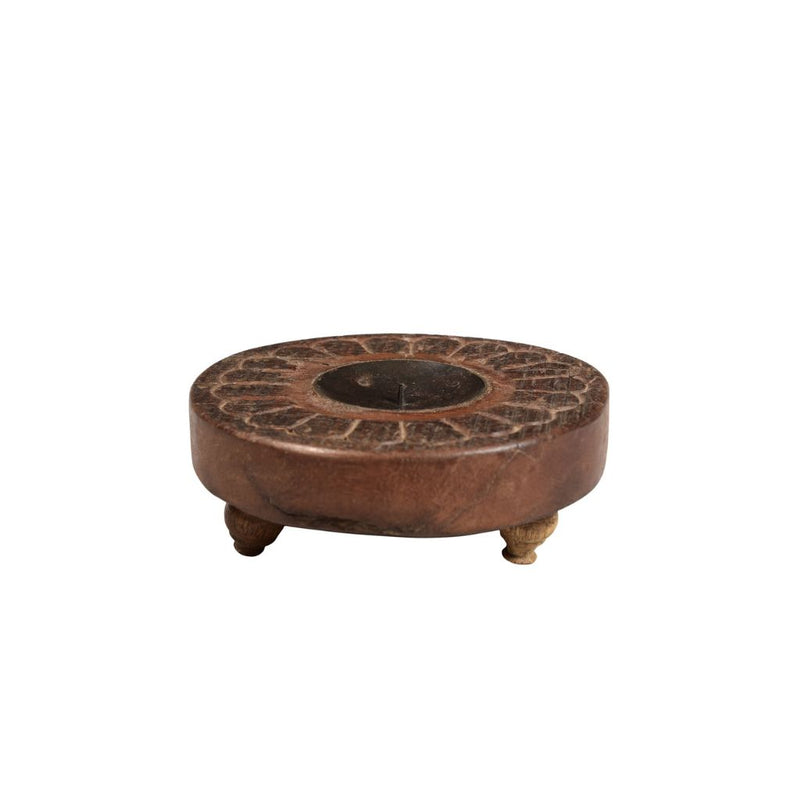 round wood candle holder on a white background