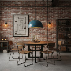 blue metal light shade in an industrial style dining room