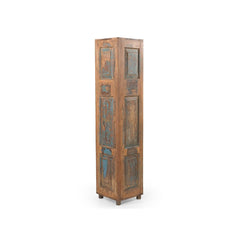 A tall, narrow rustic wooden cabinet with distressed blue and green painted panels on a plain white background.