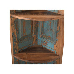 A rustic corner shelf made of natural wood with distressed turquoise blue painted panels on the back, shown against a plain white background.