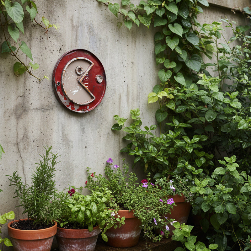 Round metal pacman with red border and central emblem in an urban garden on a cement wall with green pot plants