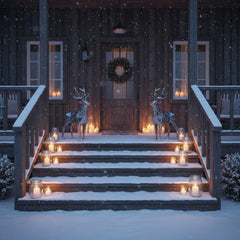 Two metal deers in a porch in winter with snow