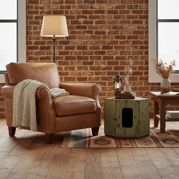 Hexagonal wooden cabinet with a distressed finish in a living room