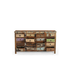 16 open drawers sideboard coloured wood in a white background