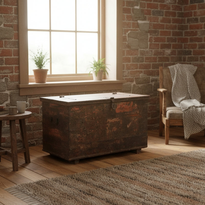A rustic, weathered dark brown wooden storage chest with a metal latch and hinges, in a rustic living room under a window