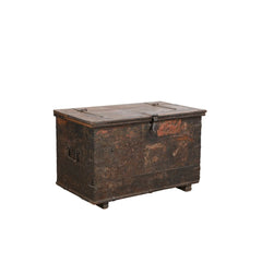 A rustic, weathered dark brown wooden storage chest with metal latch hardware, photographed on a solid white background.