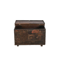 An antique dark brown wooden chest with a weathered, distressed finish and a hinged lid, shown open against a plain white background.