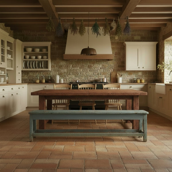 A rustic kitchen interior with a large wooden dining table, matching chairs, and a blue-green bench in the foreground. The room has exposed wood ceiling beams, a brick backsplash, white cabinetry, and hanging dried herbs.