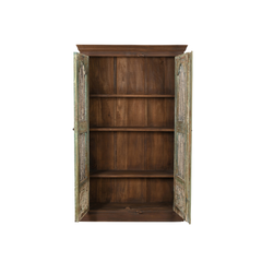 A rustic wooden bookcase with distressed green and white painted doors, shown open against a solid white background.