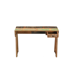 A rustic rectangular console table made from reclaimed wood panels, featuring a distressed finish with green, brown, and beige tones, and a single pull-out drawer on the right side.