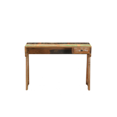 A rustic rectangular console table made from reclaimed wood, featuring a distressed multicolor top, a single drawer with a small round knob, and four tapered legs, shown against a plain white background.