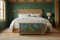 vintage wood trunk in a bedroom, at the endt of the bed