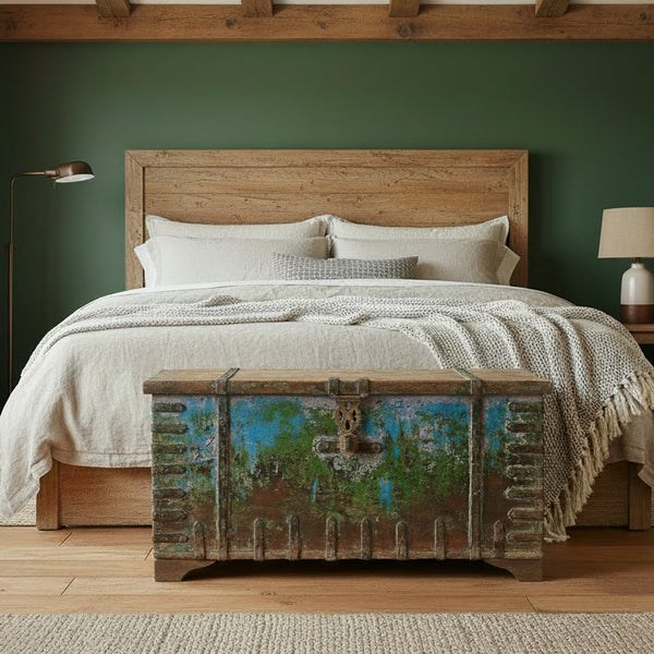 vintage wood trunk in a bedroom, at the endt of the bed