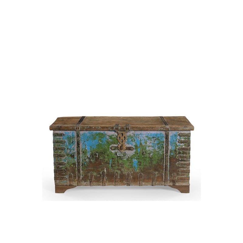 Wooden trunk with decorative paint on a white background
