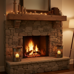 round vintage metal lantern with a wood handle & a metal mesh on each side on a stone fireplace