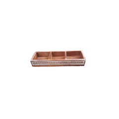 Rectangular Natural Wood tray, 3 compartments with geometric  handcarved sides in white wash.