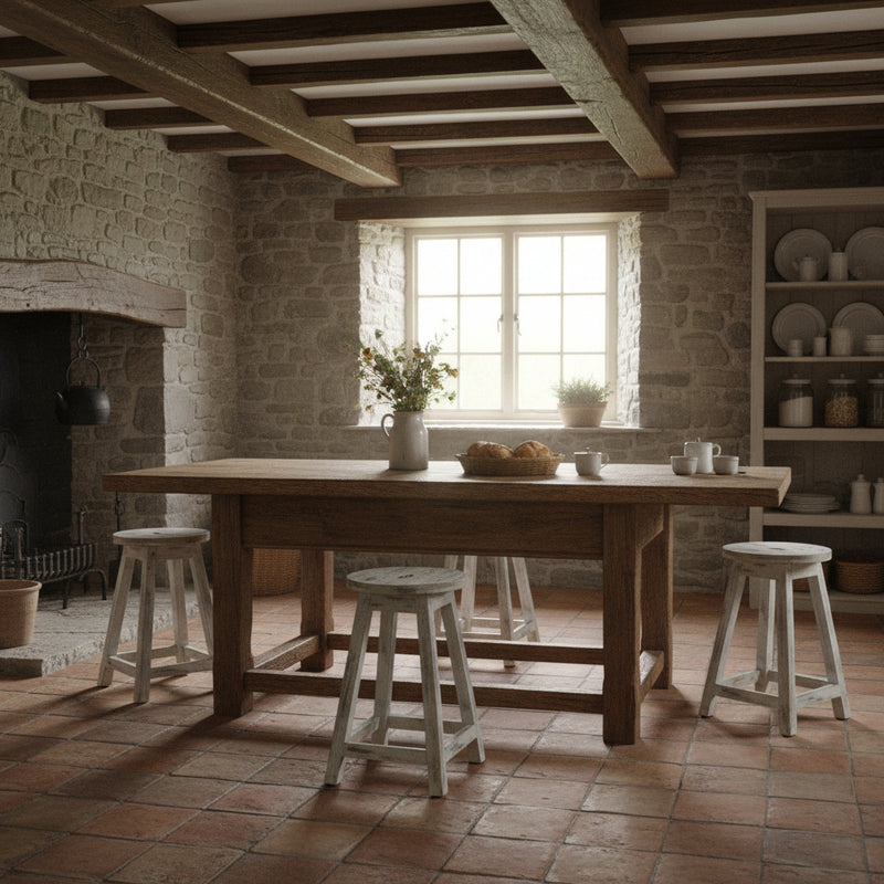 White Wooden stool with a round seat in a cottage style kitchen around a dining table