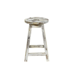Wooden stool with a distressed white finish on a white background